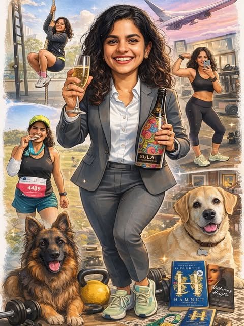 Illustrated collage of Megha Kumar with scenes from work, travel, fitness, pets, and books.